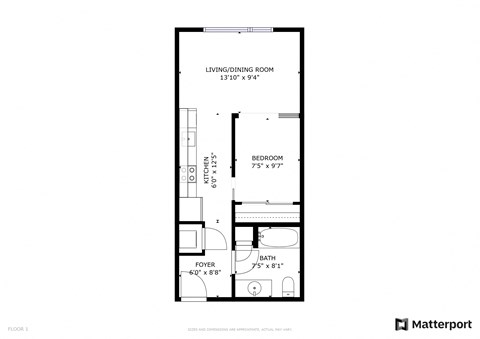 Floor plan for 1 bed, 1 bath, 440 sqft